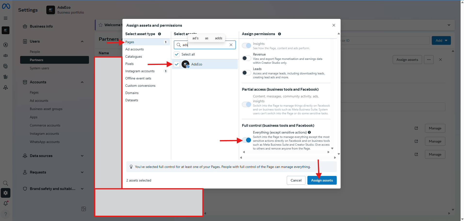 Facebook page partner access