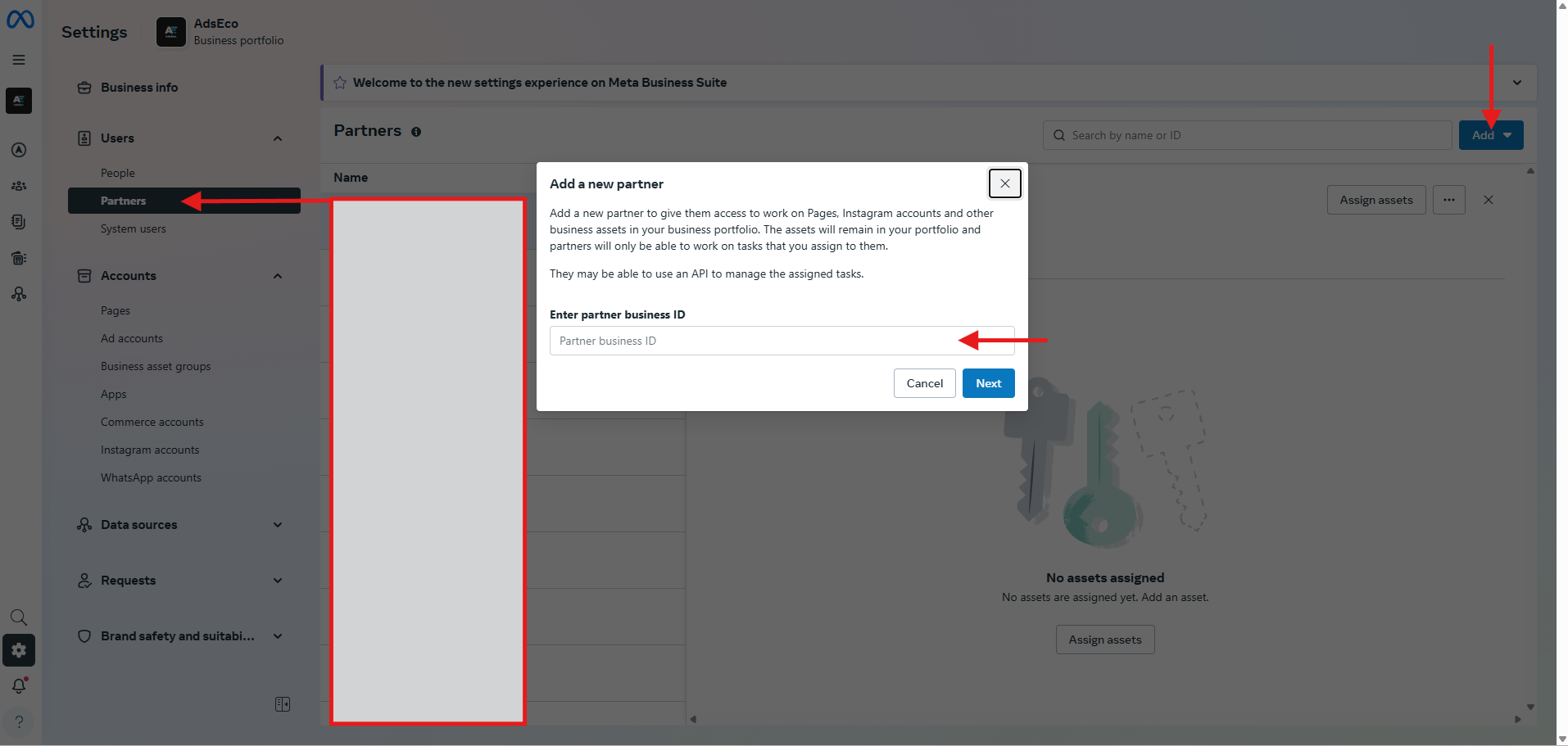 Partner access inside of Meta Business Manager
